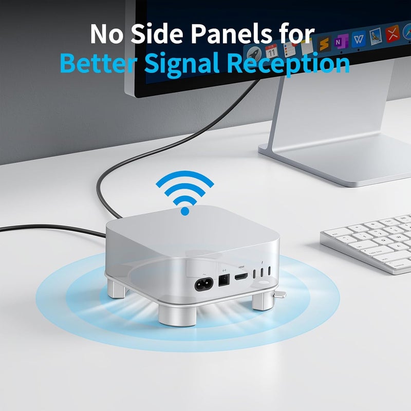 Omoton حامل ألومنيوم لجهاز Mac mini M4 وM4 Pro، حامل سطح مكتب للتبريد، وصول مريح إلى زر الطاقة، تصميم متين وقوي، فضي - Image 3